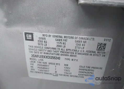 2012 Chevrolet Equinox 1Lt из США, поврежденный, VIN 2GNFLEEKXC6256240